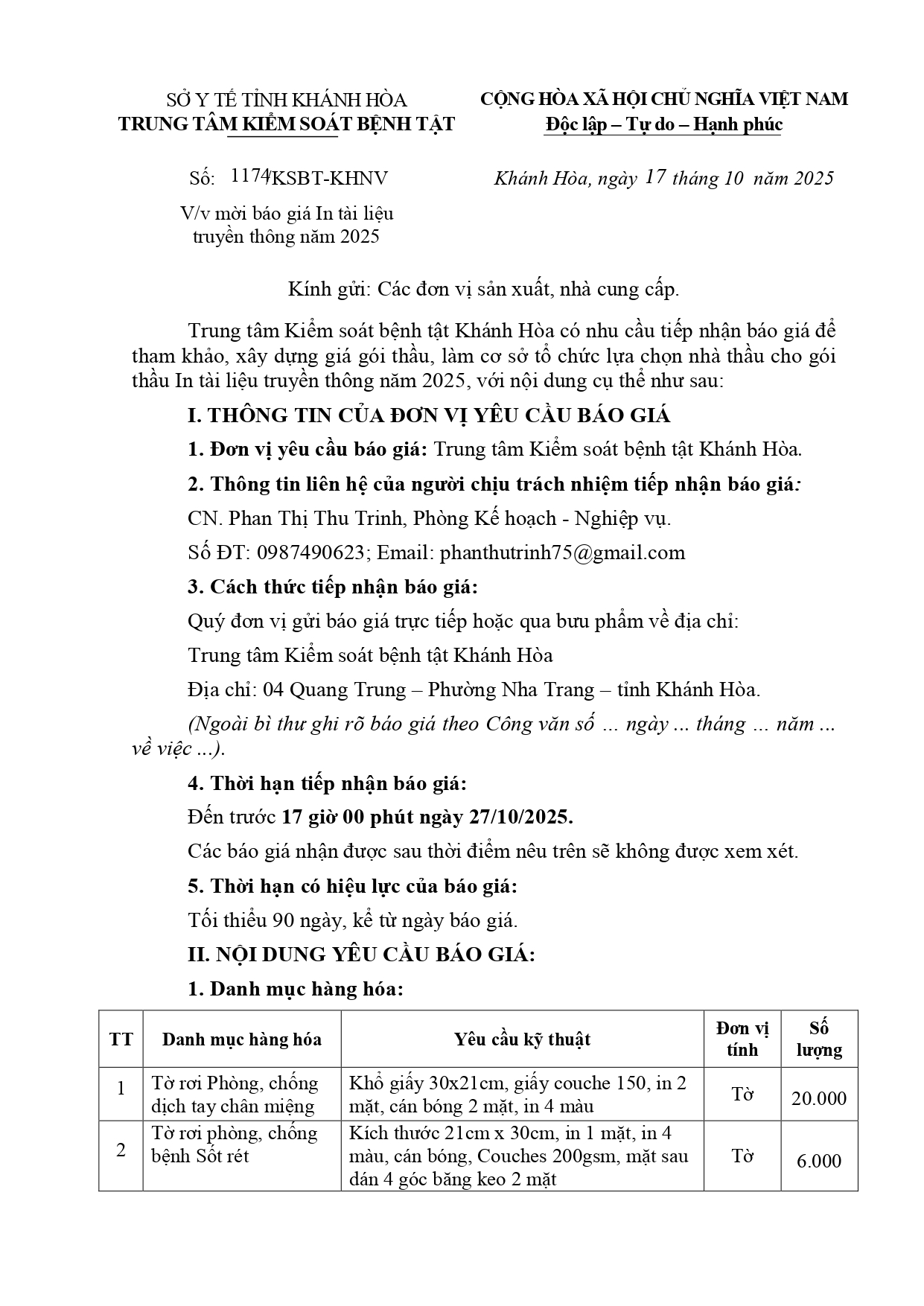 V/v mời báo giá In tài liệu truyền thông năm 2025